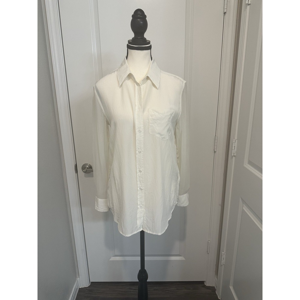 Equipment Femme XS White 100% Silk Button Front Long Sheer‎ Sleeve Shirt Blouse